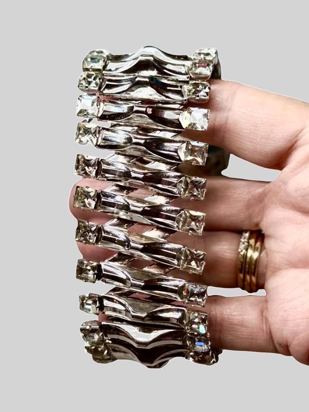 Vintage Rhinestone Stretch Bracelet Silver Tone Wide Statement Cuff Leading Lady - Picture 5 of 8